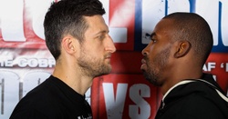 Carl Froch (L) and Yusaf Mack face off during the weigh in at Nottingham Capital FM Arena on November 16, 2012 in Nottingham, England